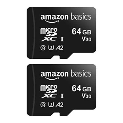 Image of Amazon Basics MicroSDXC UHS I Class 10 Memory Card with Full Size Adapter, A2, U3, V30, 4K, Read Speed up to 100 MB/s, 64 GB (2pack), Black