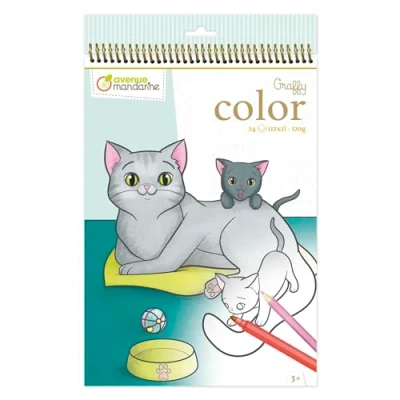 Image of Avenue Mandarine GY105AMZC 1 &#039;&#039;Pets&#039;&#039; coloring set with Graffy color notebook (24 &#039;&#039;mom/baby&#039;&#039; pages), 12 markers and 2 sheets of cooky stickers (cats dogs) From 3 years old