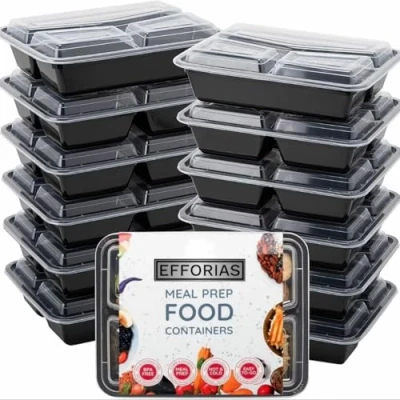 Image of Efforias [10 Pack] 3 Compartment Plastic Meal Prep Containers Reusable BPA Free Food with Airtight Lids Microwavable, Freezer and Dishwasher Safe