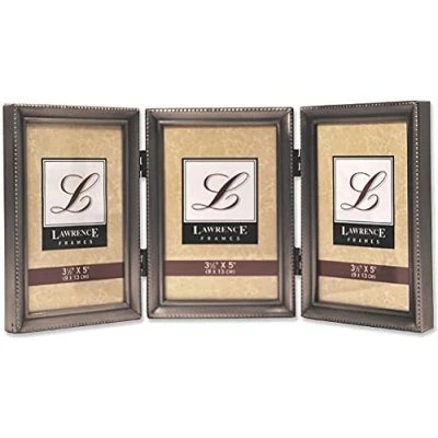 Image of Lawrence Frames 11535T Antique Pewter Hinged Triple 3x5 Picture Frame Beaded Edge Design