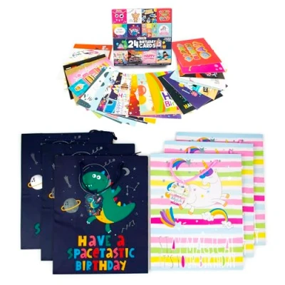 Image of abeec 24 Kids Birthday Cards Plus Gift Bags For Boys &amp; Girls, Multiple Card Designs Dinosaur and Unicorn