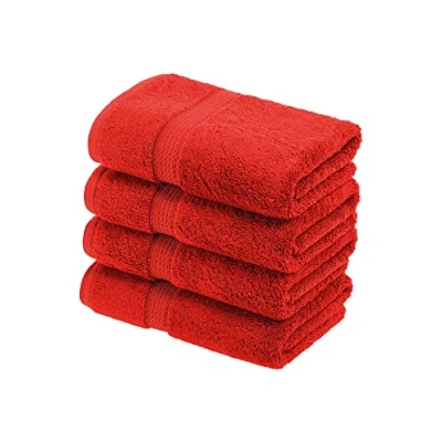 Image of Superior Egyptian Cotton Pile Hand Towel Set of 4, Ultra Soft Luxury Towels, Thick Plush Essentials, Absorbent Heavyweight, Guest Bath, Hotel, Spa, Home Bathroom, Shower Basics, Red