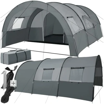 Image of tectake® 6 Person Festival Tent Large Family Tunnel with UV 50+ Protection, Mosquito Net, Water Repellent Lightweight Poles &amp; Easy Assembly Includes Awning Carry Bag