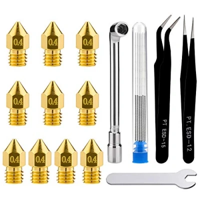 Image of LUTER 3D Printer Nozzle Cleaning Kit, 10PCS 0.4mm Nozzles Extruder for MK8 + 5PCS Stainless Steel Needles 2PCS Tweezers Wrenches