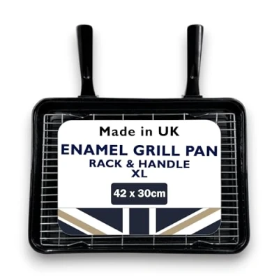 Image of Vitreous Enamel Universal Grill Pan &amp; Handle, for Oven, Oven Tray, Tray with Rack, Handle UK Made Caravan, Campervans, Ovens Grills (XL 42 x 30 cm)