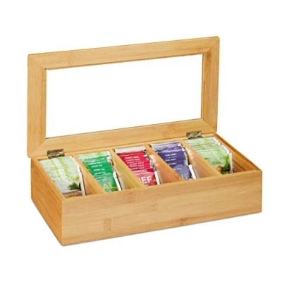 Image of Relaxdays 10032168 Tea Box, 5 Compartments, Organiser Chest, H x W D: 9 37 20 cm, Bamboo, Natural, Plastic