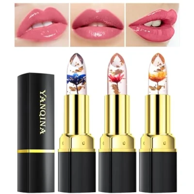 Image of 3Pcs Flower Jelly Color Changing Lipstick Set,Magical Crystal Temperature Change Lip Gloss,Long Lasting Moisturizing Balm,Covering Lines