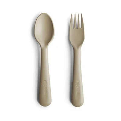 Image of Mushie Fork and Spoon Set for Kids Flatware Cutlery 1x of Dinnerware Pieces Reuseable Dishwasher Microwave Safe Easy Baby or Child to Hold Made in Denmark (Vanilla)