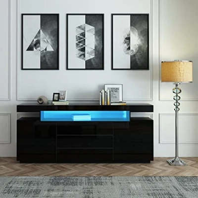 Image of Sideboard Modern Living Room Cupboard Unit High Gloss Cabinet 2 Doors 3 Drawers Buffet TV Stand with Led Light for Kitchen Black 160x35x72cm