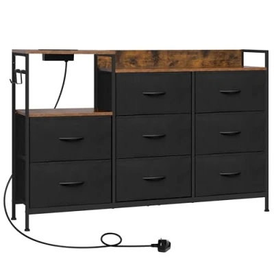 Image of WOLTU Chest of 8 Drawers, Drawers Dresser with Charging Station, Fabric Drawer Unit for Bedroom, Playroom, Closet, Living Room, Rustic brown and Black, Metal Frame, E1 Engineered Wood, SSK007sz UK