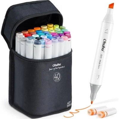 Image of Alcohol Markers, Ohuhu 40 Colours Double Tipped Art Markers for Adults Coloring Illustrations, based Ink with 1 Blender + Marker Case Chisel &amp; Fine, Oahu Series of