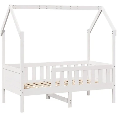 Image of vidaXL Kids House Bed Frame 80x160 cm Solid Wood Pine White Children&#039;s Playhouse with Rails and DIY Roof Structure for Boys Girls Bedroom