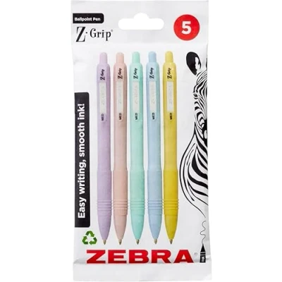 Image of Zebra Pen Z Grip Smooth Ballpoint Pens Black Ink 5pk Pastel Barrel 1mm Medium Point Retractable with Clip Writing Low Viscosity Ink, Comfort 5 Multipack