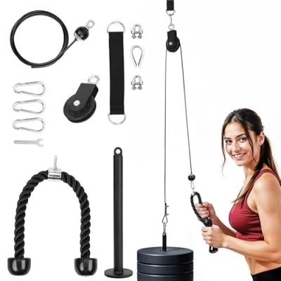 Image of Belle Vous Fitness Cable Pulley System Set Home Gym Exercise Equipment with LAT Pull Down Attachment Weight Lifting Machine Loading Pin for Triceps, Bicep Curls and Arm Workouts
