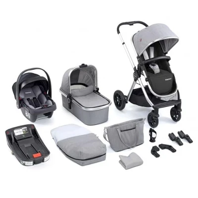 Image of Babymore Memore V2 Travel System 13 Piece Silver 3 in 1 Pram System, Foldable, Reclining Baby Pushchair, Coco i Size Car Seat with ISOFIX Base &amp; Accessories, 0 4 Years Up to 22 Kg