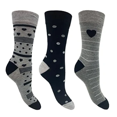Image of Flexitop Ladies Bamboo socks 3 Pairs U.K. Size 4 7 mix design socks, soft hold, comfort, gentle grip, bamboo, cushioning (Heart)