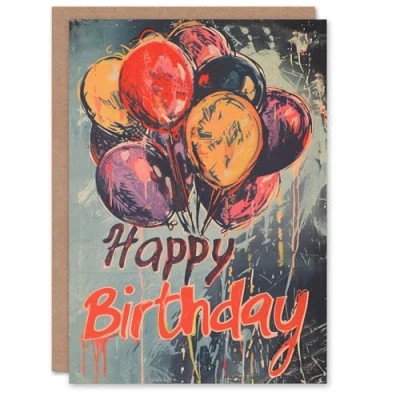 Image of Artery8 Birthday Card Dark Balloons Graffiti Painting Messy Street Art For Him Her Man Woman Girl Boy Wife Husband Greeting