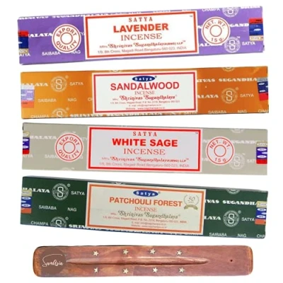 Image of Satya Nag Champa incense Sticks 4 unique and premium flavours Lavender, Sandalwood, White Sage, Patchouli Forest comes with SAMASIA holder