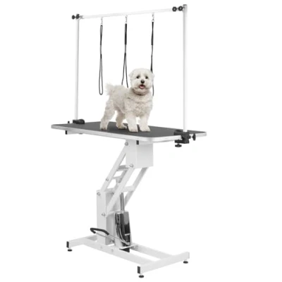 Image of KCT Large Hydraulic Dog Grooming Table with H Bar and Leashes.