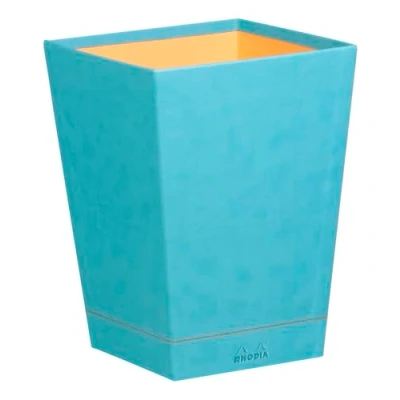 Image of RHODIA 318827C Turquoise Waste Paper Bin 24x24x32 cm Orange Saddle Stitching Faux Leather Exterior Rhodiarama Home Office Collection Organization &amp; Designer Storage