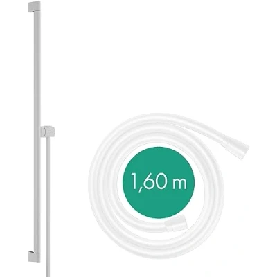 Image of hansgrohe 24405700 Unica S Puro 90 cm mit Easy Slide Handbrausehalter und Isiflex Brauseschlauch 160 Mattweiß Shower Rail, matt White, Brausestange 90cm