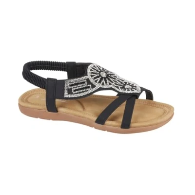 Image of Jo &amp; Joe Ladies Faux Leather Open Toe Sling Back T Bar Diamante Gem Stone Flat Gladiator Summer Sandals (Black Aztec, UK Footwear Size System, Adult, Women, Numeric, Medium, 4)