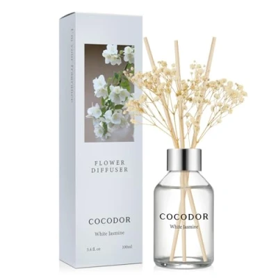 Image of COCODOR Flower Reed Diffuser set / 100ml White Jasmine/Scent with Sticks Home Fragrance for Bathroom Shelf Decor