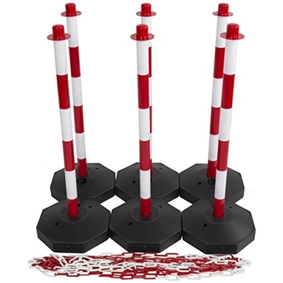Image of (6 Pack) Red &amp; White Plastic Chain Post Set Demarcation Safety Barrier Pole with Base and 15mtr