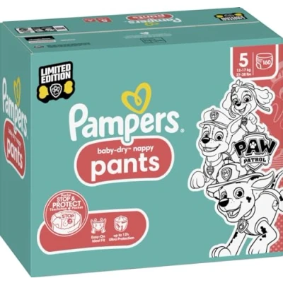Image of Pampers Baby Dry Nappy Pants Paw Patrol Edition Size 5, 160 Nappies, 12kg 17kg, with Our 360 Fit to Help Prevent Leaks