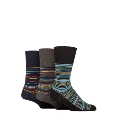 Image of Mens 3 Pair Gentle Grip Cotton Argyle Patterned and Striped Socks Milano Stripe Black / Navy 6 11
