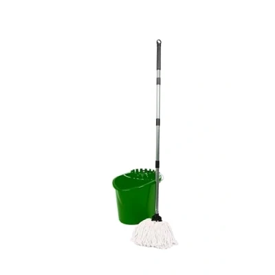 Image of Requisite Needs Professional Mop and Bucket Set Heavy Duty with Wringer Two Traditional Cotton Heads for Cleaning Floors Capacity 16L Pouring Lip (Green)
