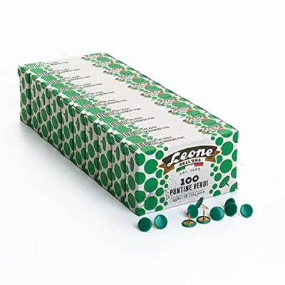 Image of 1,000 colourful drawing pins in lion green, cue with 10 boxes of 100 pieces, made Italy