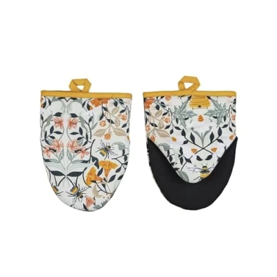 Image of Ulster Weavers Bumble Bee &amp; Floral Microwave Oven Mitts (18 x 14.5cm) 100% Cotton 1x Pair Glove Heat Resistant Washable with Flowers Bees Kitchen Accessories