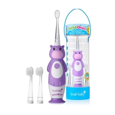 Image of Brush Baby WildOnes Kids Electric Rechargeable Toothbrush Hippo, 1 Handle, 3 Head, USB Charging Cable, for Ages 0 10 (Hippo)
