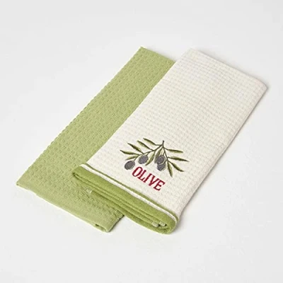 Image of HOMESCAPES Green Tea Towels 100% Cotton Set of 2 Waffle Teatowels Super Absorbent Lint Free Kitchen with Embroidered “Olive Design, 40 x 60 cm