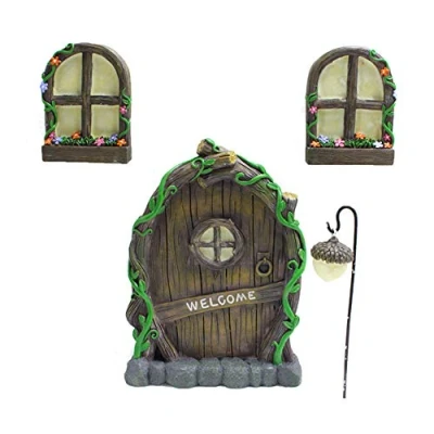 Image of Miniature Fairy Tree Door with Two Glow Windows, Waterproof and Windows Statues Mystical Garden Sculptures for Yard Lawn Art Decoration