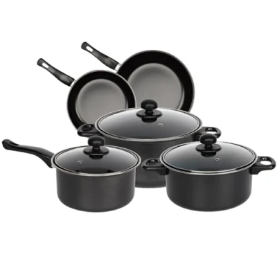Image of Gr8 Home Black 8 Piece Carbon Steel Non Stick Kitchen Cookware Set Casserole Cooking Pot Frying Pan Saucepan with Glass Lids