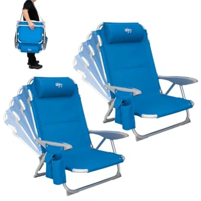 Image of #WEJOY 4 Position Adjustable Beach Chair for Adults Set of 2, Folding Low Lightweight &amp; Portable, High Back Pillow Pocket Outdoor Garden Reclining Camping Chair, Blue