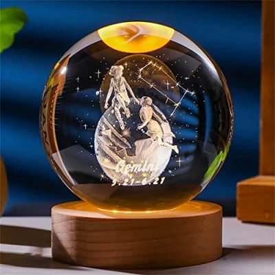 Image of Besot Laser Engraved Zodiac Sign Crystal Ball Miniature 3D Craft Decoration Glass Sphere Home Accessories Gift (Gemini, 2.36 Inches)
