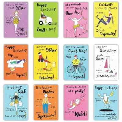 Image of 12 Assorted Colourful Design Birthday Cards &amp; Envelopes. Funny Designs For Grown Ups