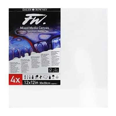 Image of Daler Rowney FW 12 x 12in White Stretched Canvas, Medium Grain, 10mm Deep, 4 Pack, Ideal for Professional Artists &amp; Students