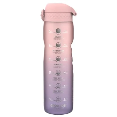 Image of Ion8 1 Litre Water Bottle with Times to Drink, Leak Proof, Flip Lid, Carry Handle, Dishwasher Safe, BPA Free, Soft Touch Contoured Grip, Ideal for Gym, Health and Fitness, 32 oz, Purple &amp; Rose