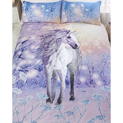 Image of Rapport Home Magical Unicorn Quilt Duvet Cover Bed Set, Polycotton, Purple, Double