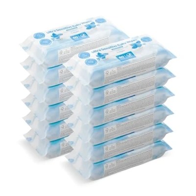 Image of Amazon Brand Mama Bear Ultra Sensitive Baby Wipes, Unscented, 720 Count (12 Packs of 60), 100% Biodegradable Fabric