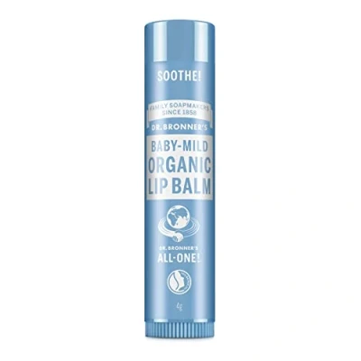Image of Dr Bronner&#039;s Baby Mild Lip Balm, Made with Organic Oils and No Synthetic Ingredients, Used for Lips, Dry Hands, Cuticles Chapped Cheeks, Certified Fair Trade, 4g Bar