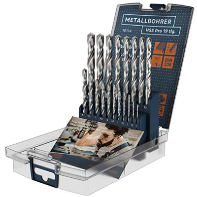Image of Presch Metal Drill Bit Set HSS Pro 19 pcs Professional High Speed Steel for Steel, Al, Cu and Brass Self Centering Hard Bits Ø 1 10mm