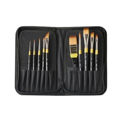Image of Daler Rowney System3 Synthetic Hair Short Handle Classic Acrylic Brush Set in Zip Case, 10 Assorted Brushes, Ideal for Professional Artists &amp; Students