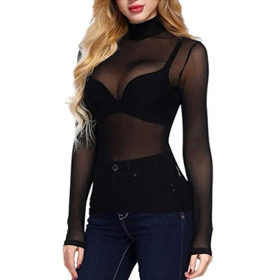 Image of N / D Women See Through Shirts Mesh Tops Long Sleeve Turtleneck Neck Sheer Blouse Crop Top (Black, XL)