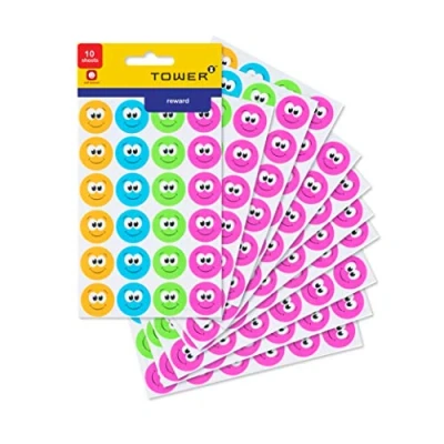 Image of Tower Mixed Neon Happy Face Reward Stickers in Bright Colors to Kids, 25 mm Diameter, Pack of 240 Stickers. Used for Decorating &amp; Scrapbooking