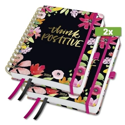 Image of SIGEL J4600 Jolie Spiral diary 2024, Flower Love, 16,8 x 21,5 cm, hardcover, 240 pages, Black, Pink, 2 Pieces
